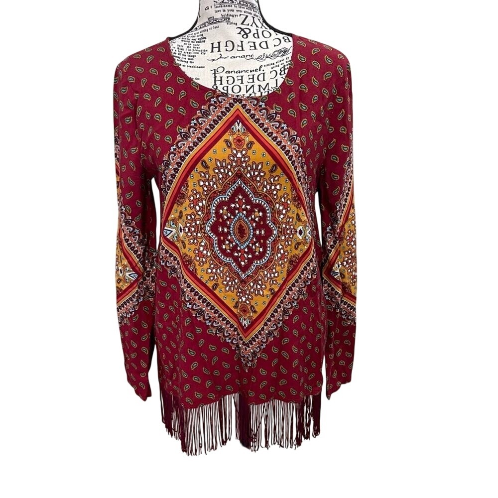 Blu Pepper‎ Burgundy Paisley Fringe Medallion Boho Top BA4083 Womens Small
